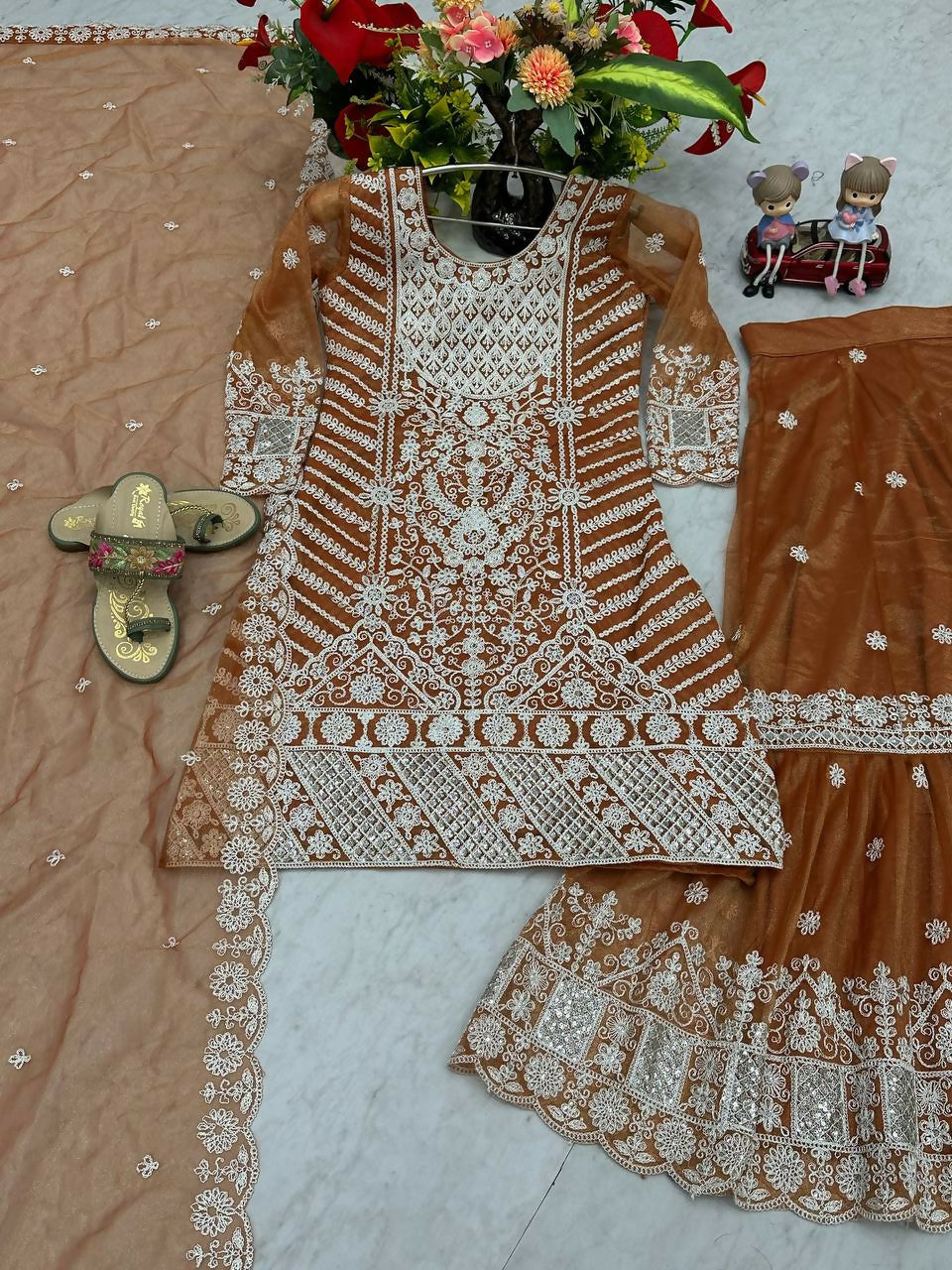 Teeya Creation Womens New Trendy Heavy Embroidery Sequence Work Orange Kurta Set | Grocsy