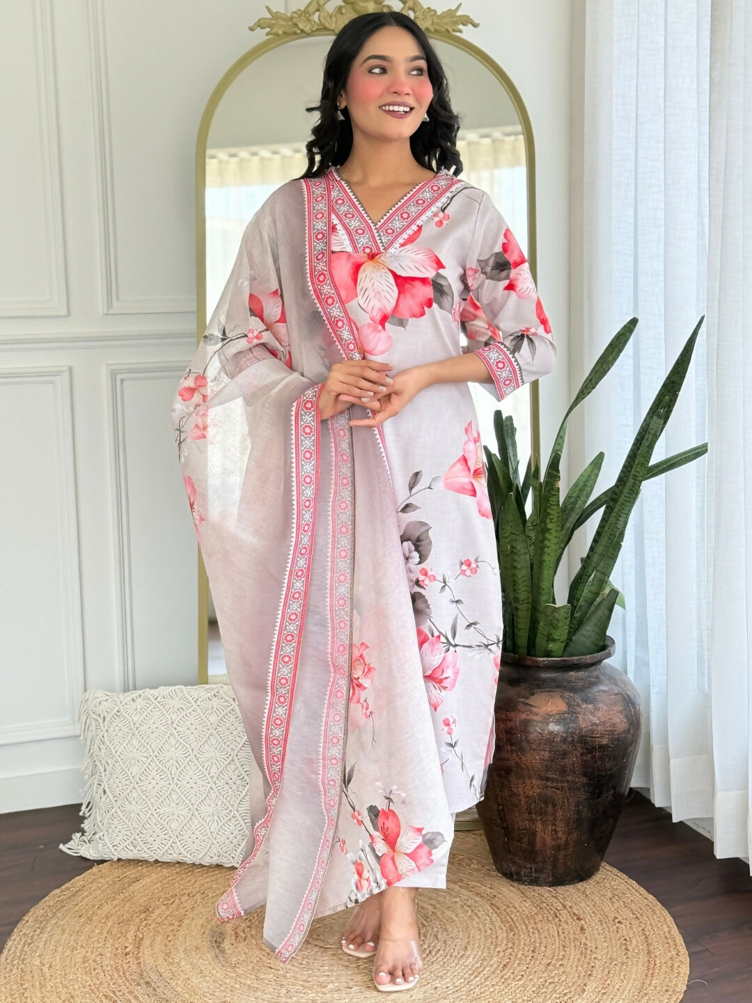 The52 Women's Beautiful Rayon Fabric Printed Work Straight Kurta Pant and Dupatta Set | Grocsy