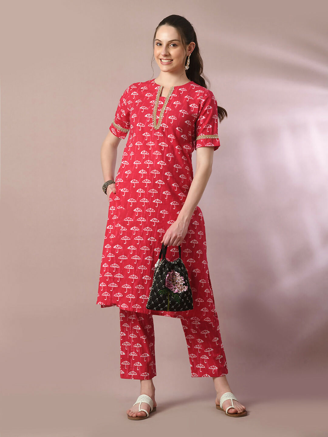 Myshka Women's Pink Printed Cotton Straight Party Kurta Set | Grocsy