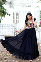 Jyoti Fashion Women's Navy Blue Sequins Thread Embroidery Faux Blooming Anarkali Dress | Grocsy