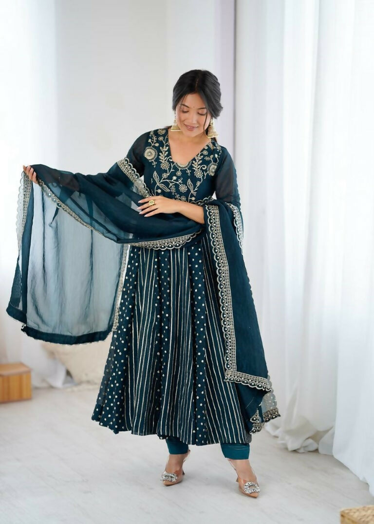 Teeya Creation Teal Color Heavy Crunchy Silk Embroidery Work Gown | Grocsy