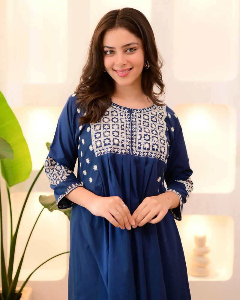 The52 Women's Beautiful Viscose Rayon Fabric Thread Work Flared Kurta Pant Set | Grocsy