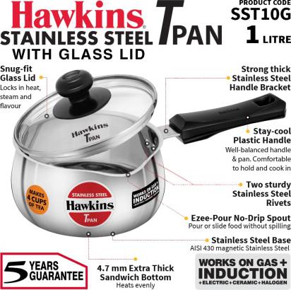 Hawkins Stainless Steel Tea Pan 15.1 cm Diameter with Glass Lid 1 L (SST10G) | Grocsy