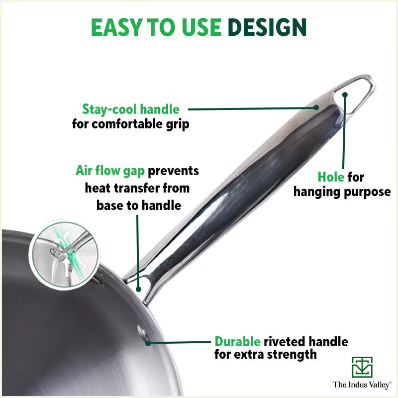 The Indus Valley TurboCuk Tri-ply Stainless Steel Fry Pan, Premium Quality, 3 Layer Thick Body, 100% Toxin-free, Non-stick, Induction & Gas,Spatula, 22/24/26 cm, 1.5/1.7/1.9L | Grocsy