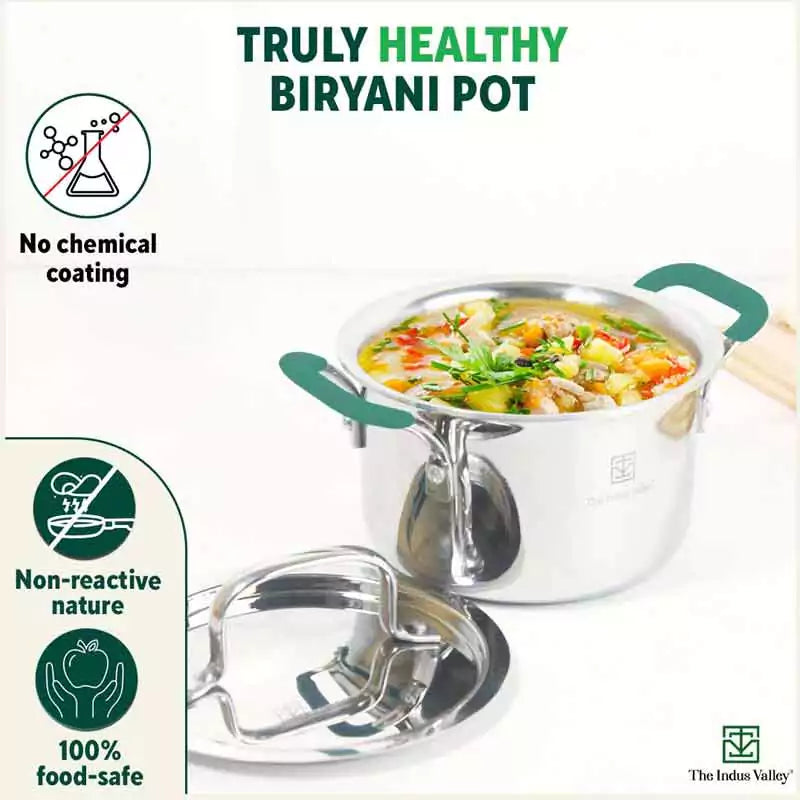The Indus Valley TurboCuk Tri-ply Stainless Steel Biryani Cooking Pot/Casserole, Premium Quality, 3 Layer Thick Body, Cool Silicone Handles, 100% Toxin-free, Non-stick, Induction & Gas, Spatula, 2.9L | Grocsy