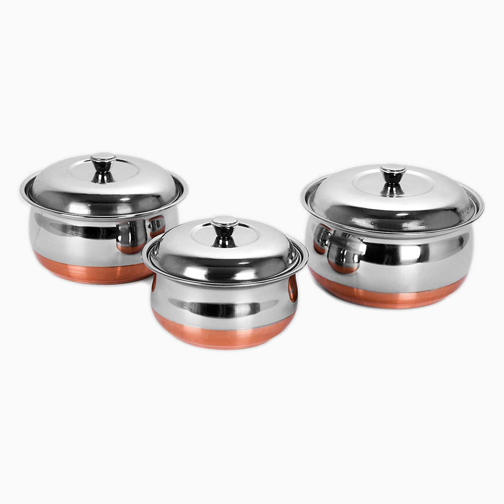 Stainless Steel Copper Bottom Multipurpose Cook & Serve Handi With Lid - Set of 3 | Grocsy