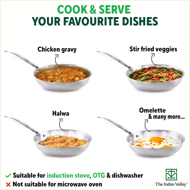 The Indus Valley TurboCuk Tri-ply Stainless Steel Fry Pan, Premium Quality, 3 Layer Thick Body, 100% Toxin-free, Non-stick, Induction & Gas,Spatula, 22/24/26 cm, 1.5/1.7/1.9L | Grocsy