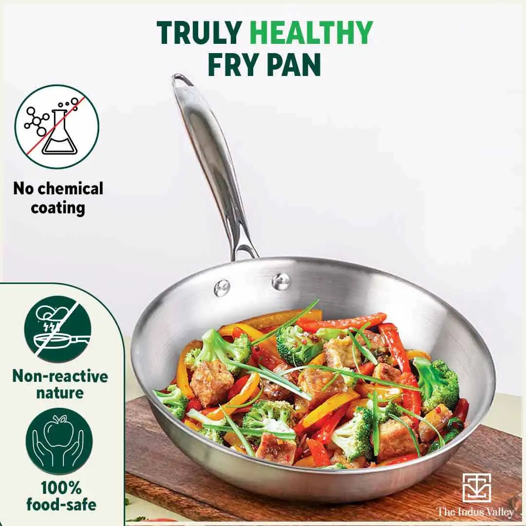 The Indus Valley TurboCuk Tri-ply Stainless Steel Fry Pan, Premium Quality, 3 Layer Thick Body, 100% Toxin-free, Non-stick, Induction & Gas,Spatula, 22/24/26 cm, 1.5/1.7/1.9L | Grocsy