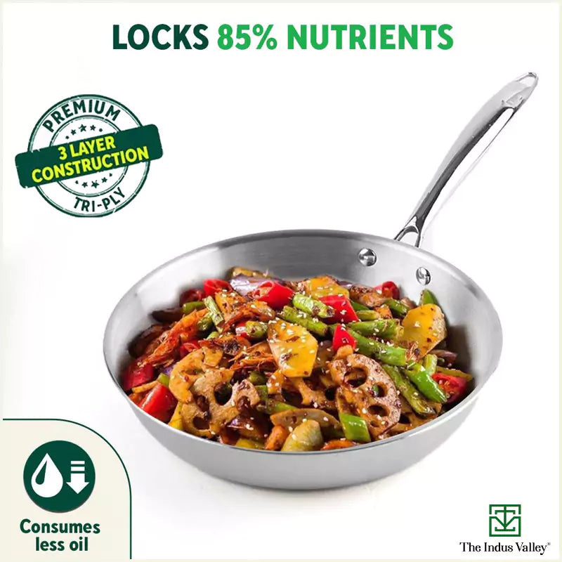 The Indus Valley TurboCuk Tri-ply Stainless Steel Fry Pan, Premium Quality, 3 Layer Thick Body, 100% Toxin-free, Non-stick, Induction & Gas,Spatula, 22/24/26 cm, 1.5/1.7/1.9L | Grocsy