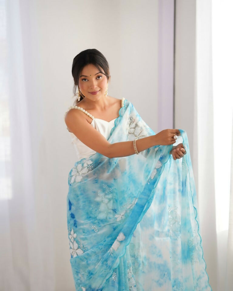 Sky Blue Jimmy Choo Printed, Sequence Embroidery Work Saree - Saima | Grocsy