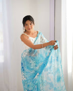Sky Blue Jimmy Choo Printed, Sequence Embroidery Work Saree - Saima | Grocsy
