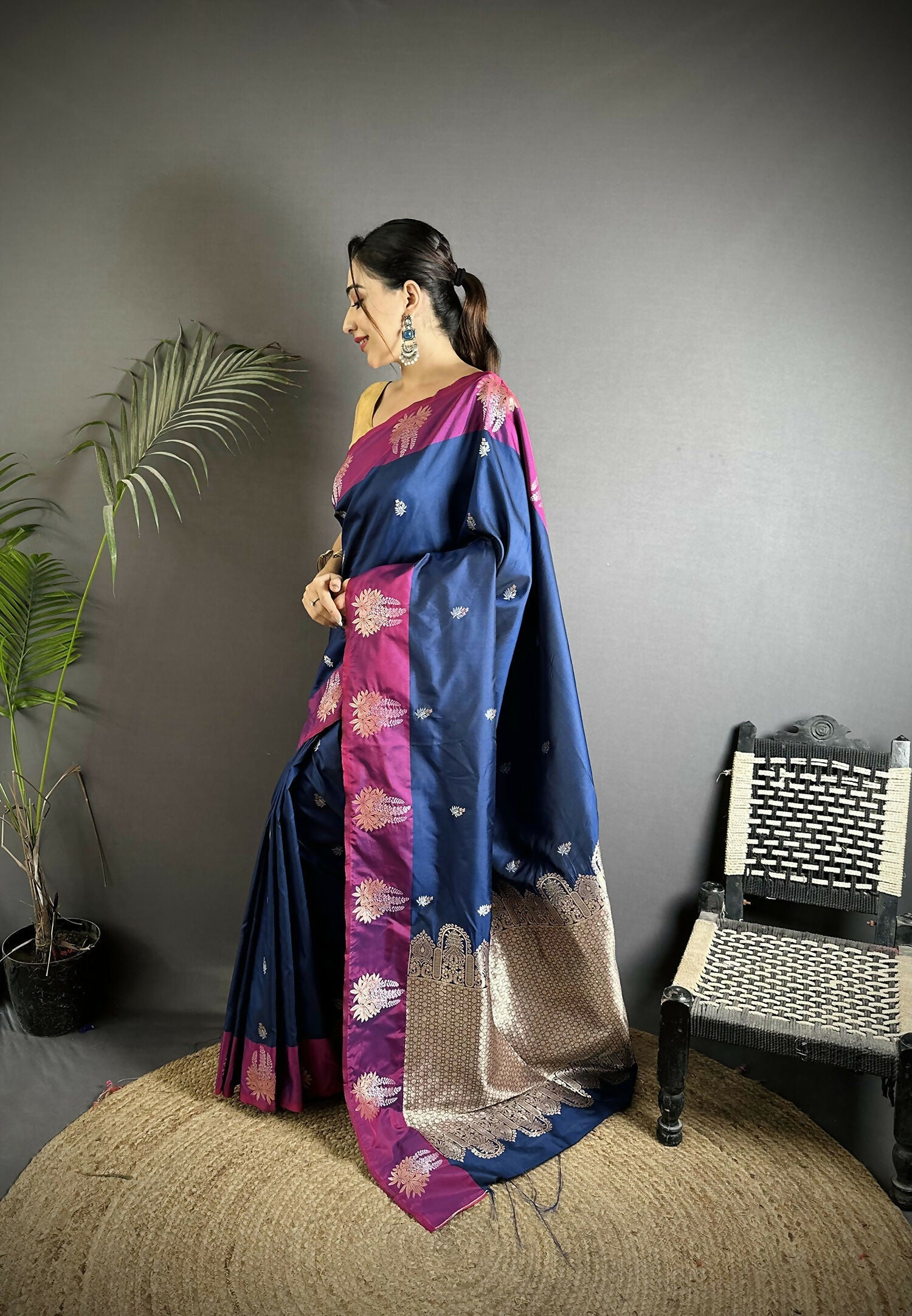 Joban Fashion Royal Blue Small Butti Soft Silk Banarasi Saree | Grocsy