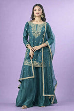 Teeya Creation New Trendy Womens Wedding Wear Kurta Palazzo Set - Teal | Grocsy