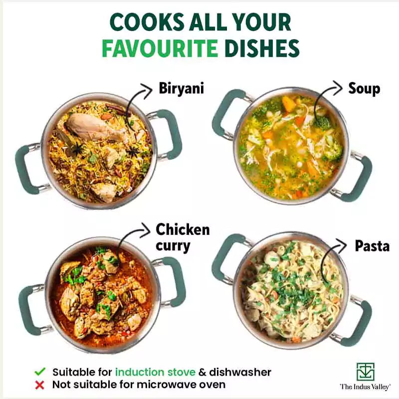 The Indus Valley TurboCuk Tri-ply Stainless Steel Biryani Cooking Pot/Casserole, Premium Quality, 3 Layer Thick Body, Cool Silicone Handles, 100% Toxin-free, Non-stick, Induction & Gas, Spatula, 2.9L | Grocsy