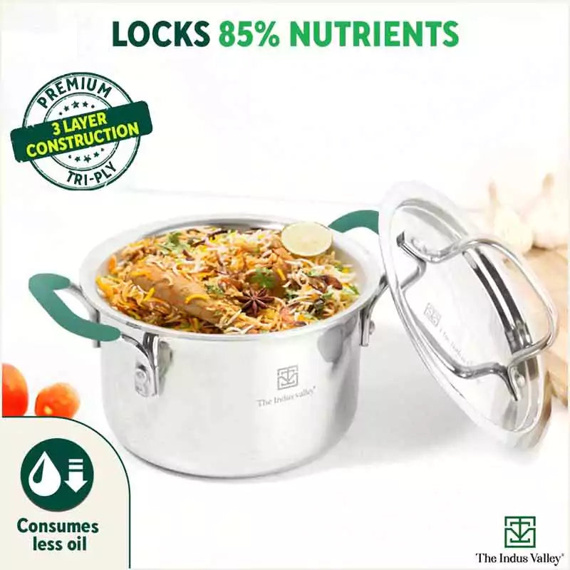 The Indus Valley TurboCuk Tri-ply Stainless Steel Biryani Cooking Pot/Casserole, Premium Quality, 3 Layer Thick Body, Cool Silicone Handles, 100% Toxin-free, Non-stick, Induction & Gas, Spatula, 2.9L | Grocsy
