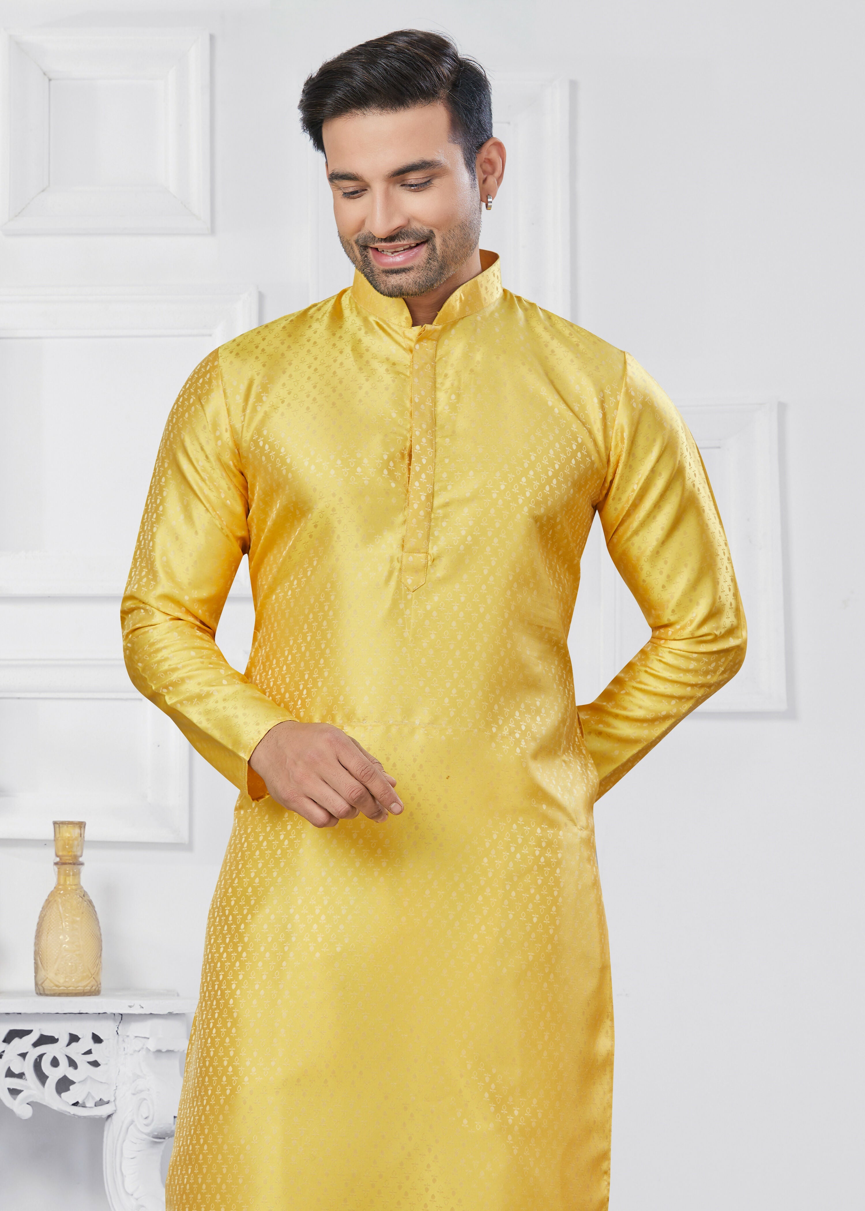 Joban Fashion Men's Jacquard Silk Yellow Printed Kurta Pyjama set | Grocsy