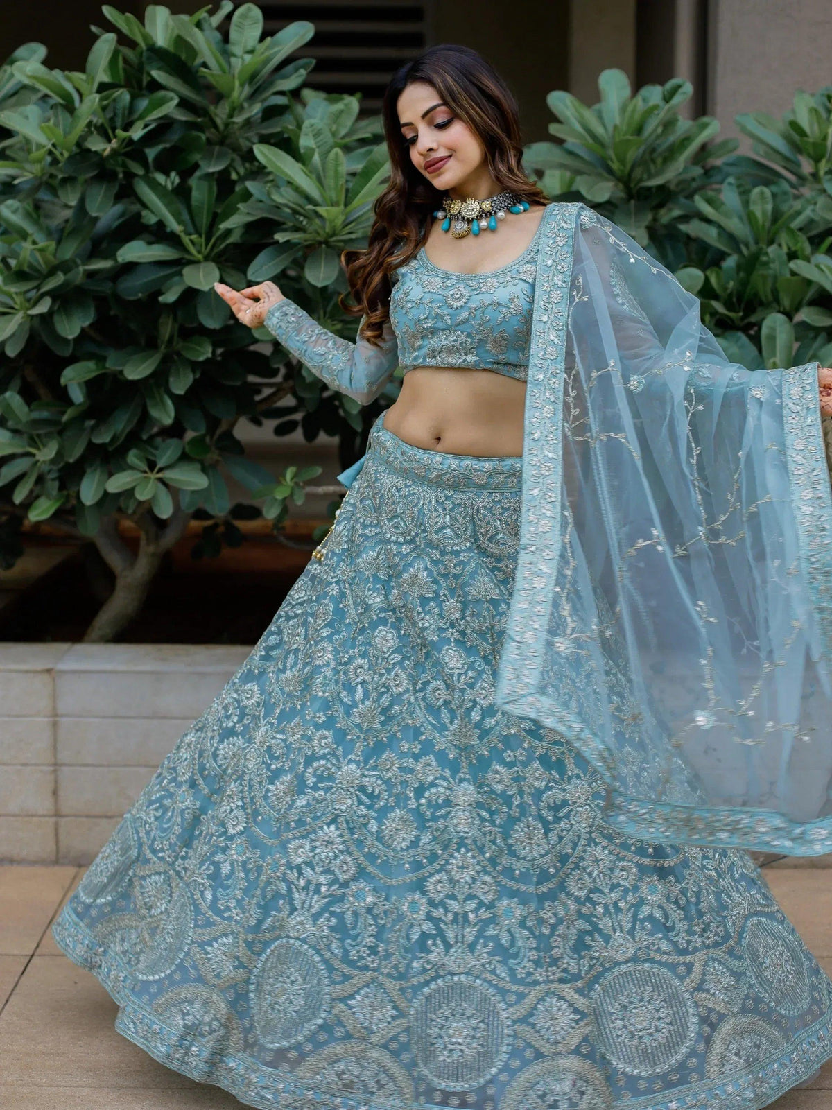 Tulsi Art Stunning Aqua Blue Embroidered Soft Net Occasion Wear Lehenga Choli | Grocsy