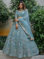 Tulsi Art Stunning Aqua Blue Embroidered Soft Net Occasion Wear Lehenga Choli | Grocsy