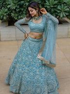 Tulsi Art Stunning Aqua Blue Embroidered Soft Net Occasion Wear Lehenga Choli | Grocsy