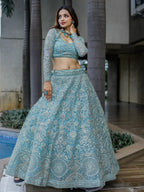 Tulsi Art Stunning Aqua Blue Embroidered Soft Net Occasion Wear Lehenga Choli | Grocsy