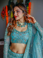 Tulsi Art Stunning Aqua Blue Embroidered Soft Net Occasion Wear Lehenga Choli | Grocsy