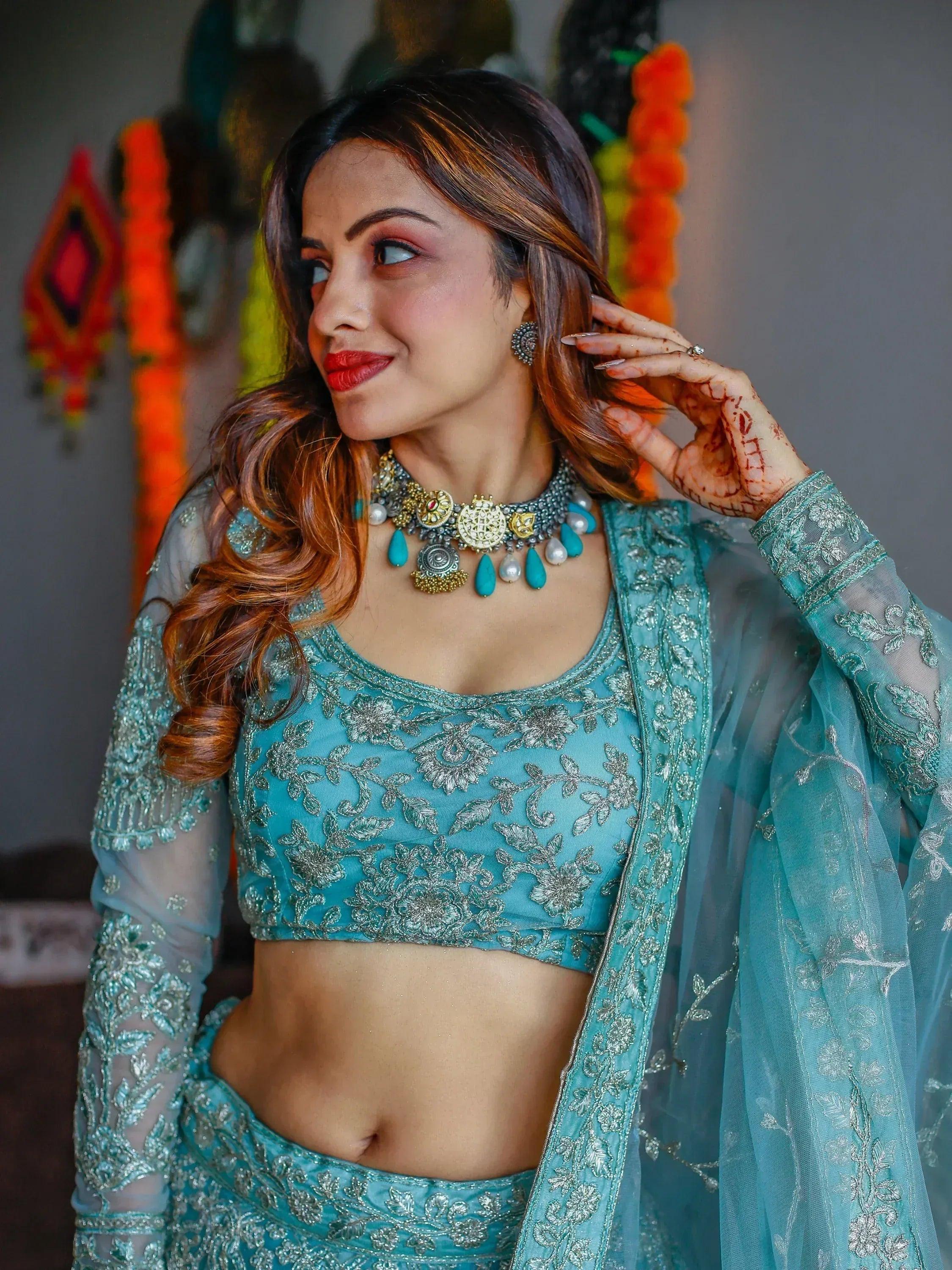 Tulsi Art Stunning Aqua Blue Embroidered Soft Net Occasion Wear Lehenga Choli | Grocsy