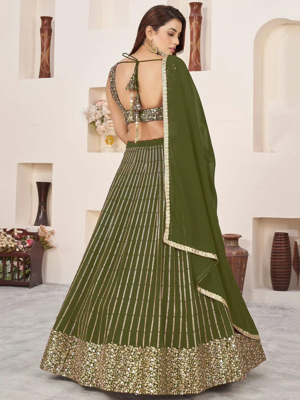 Tulsi Art Stunningâ Olive Color Sequins Georgette Function Wear Lehenga Choli | Grocsy