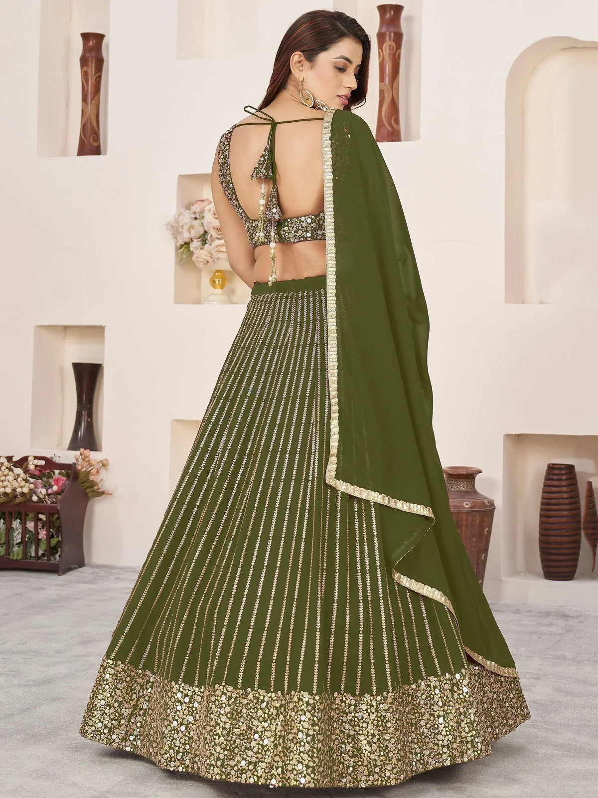 Tulsi Art Stunningâ Olive Color Sequins Georgette Function Wear Lehenga Choli | Grocsy