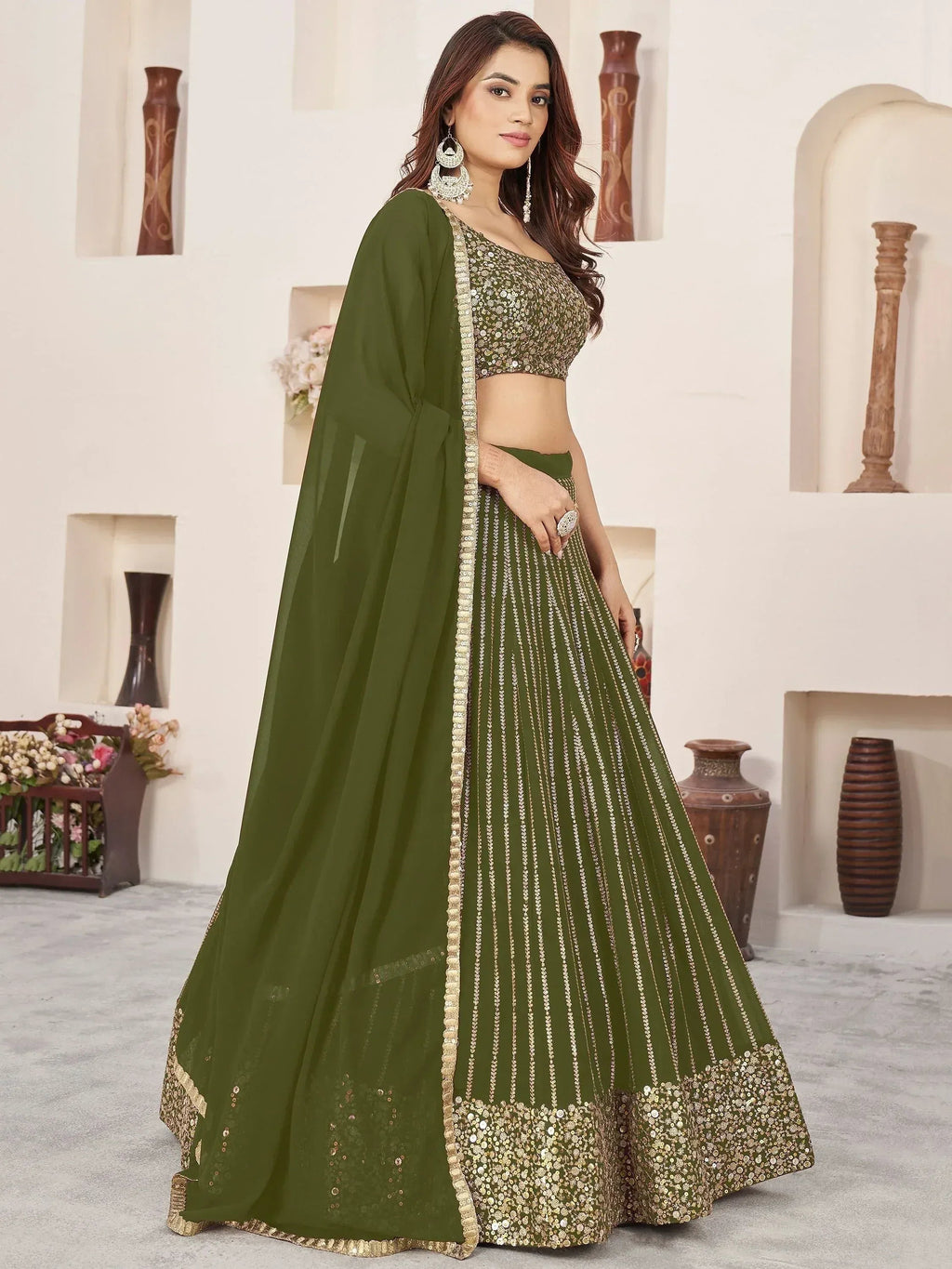 Tulsi Art Stunningâ Olive Color Sequins Georgette Function Wear Lehenga Choli | Grocsy
