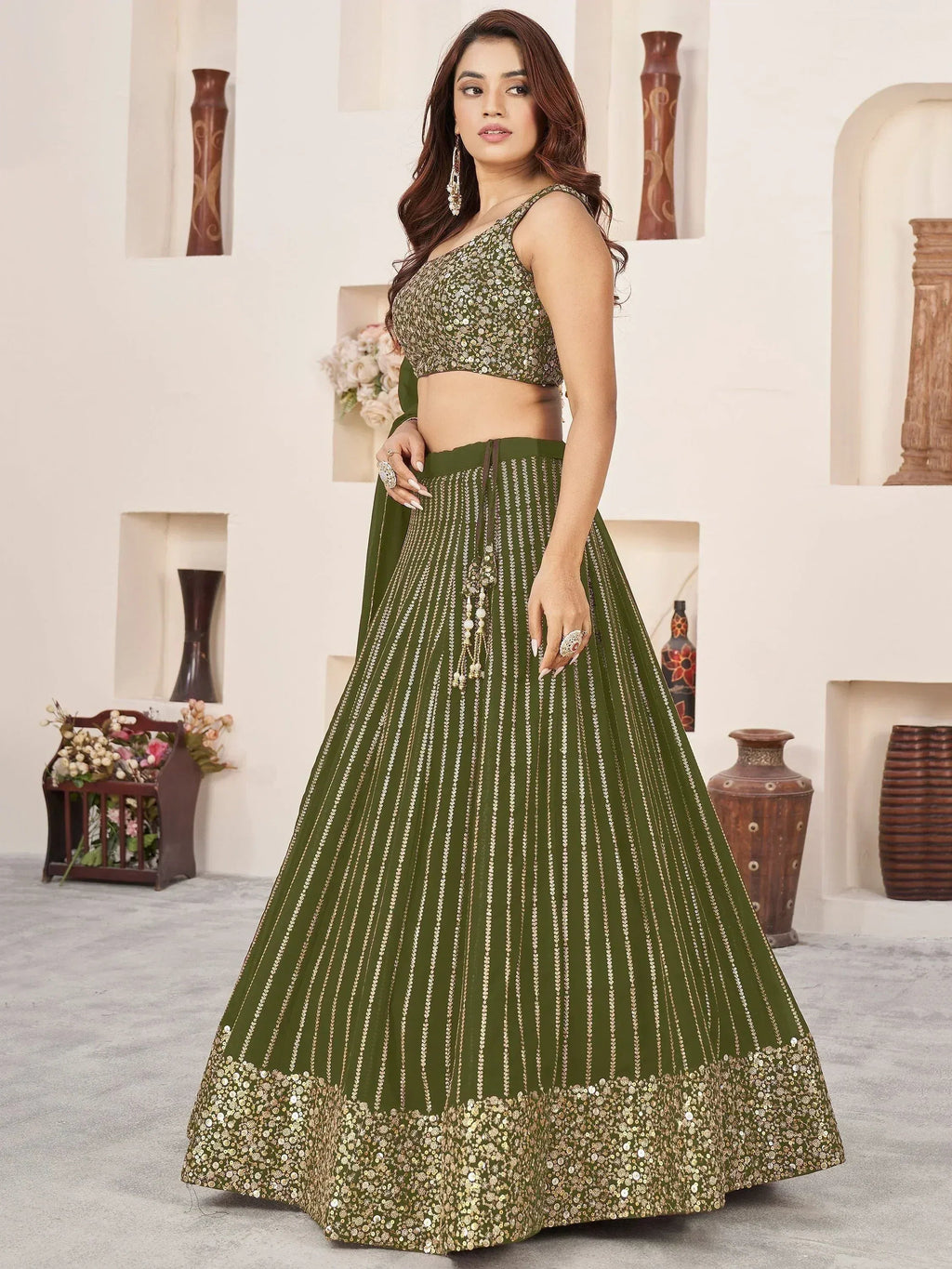 Tulsi Art Stunningâ Olive Color Sequins Georgette Function Wear Lehenga Choli | Grocsy