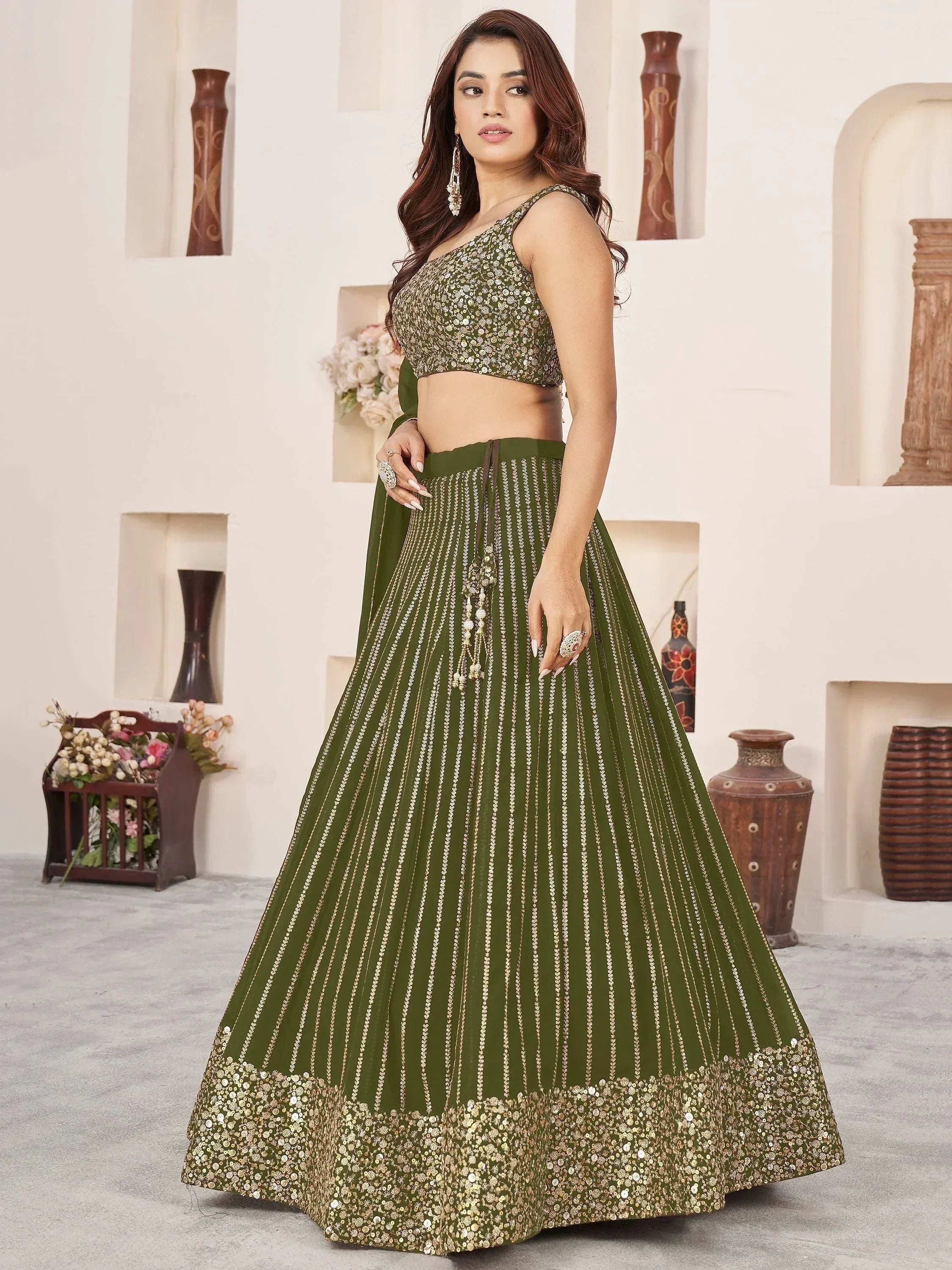 Tulsi Art Stunningâ Olive Color Sequins Georgette Function Wear Lehenga Choli | Grocsy