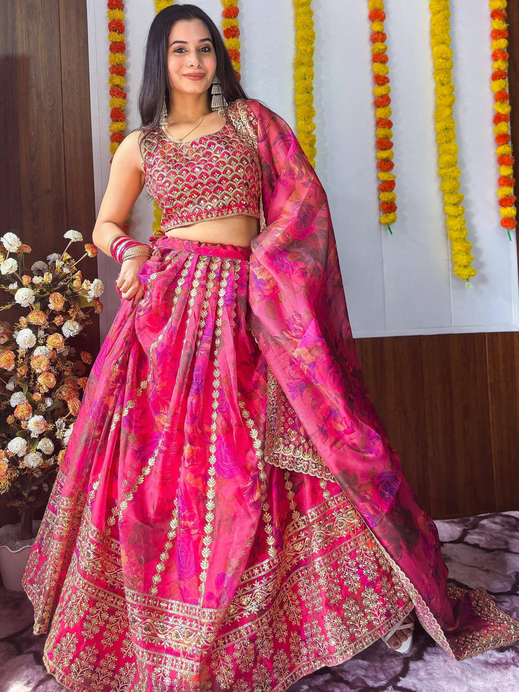 Tulsi Art Stunning Pink Floral Printed Organza Bridesmaid Lehenga Choli | Grocsy