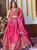 Tulsi Art Stunning Pink Floral Printed Organza Bridesmaid Lehenga Choli | Grocsy