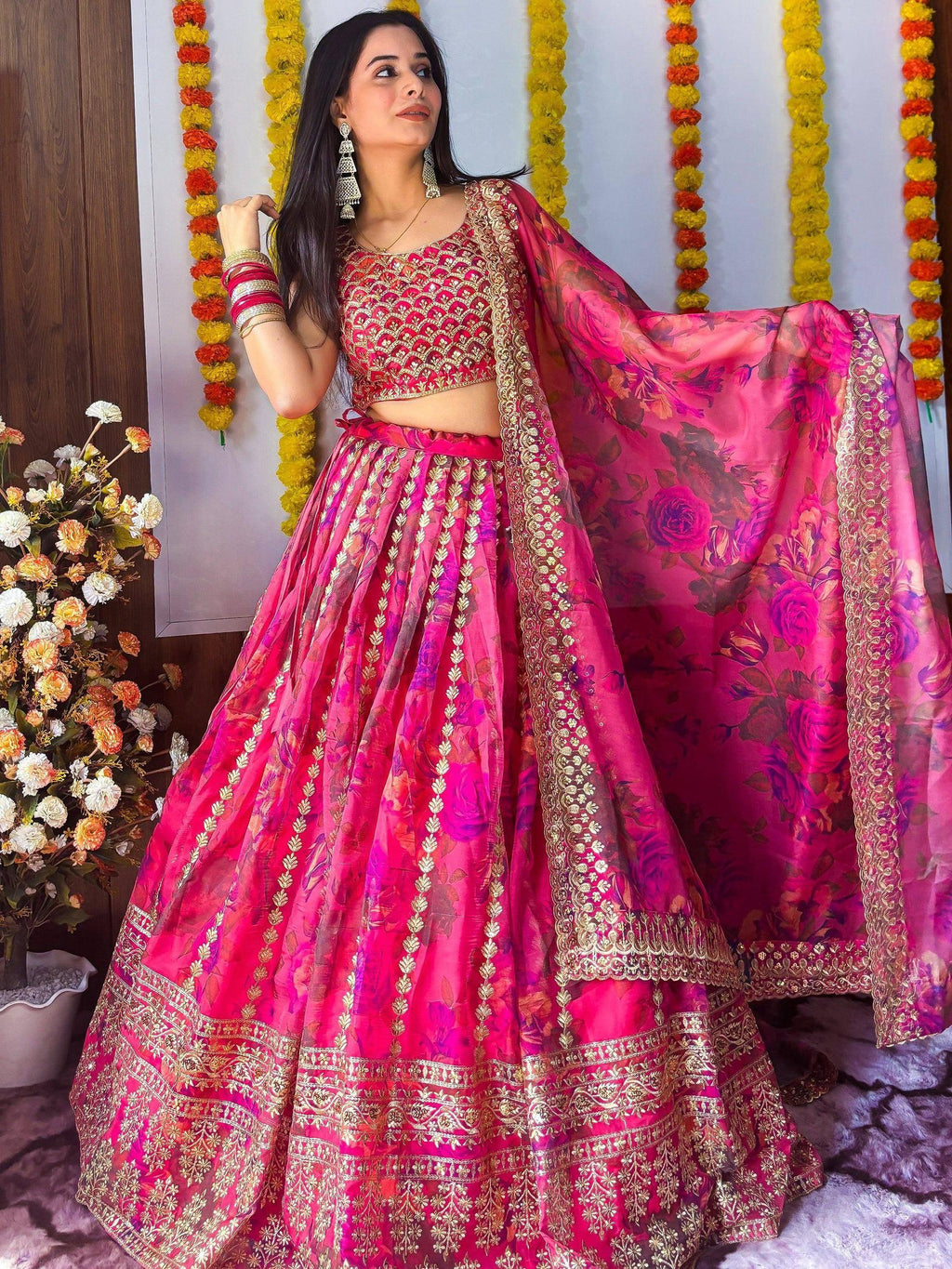Tulsi Art Stunning Pink Floral Printed Organza Bridesmaid Lehenga Choli | Grocsy