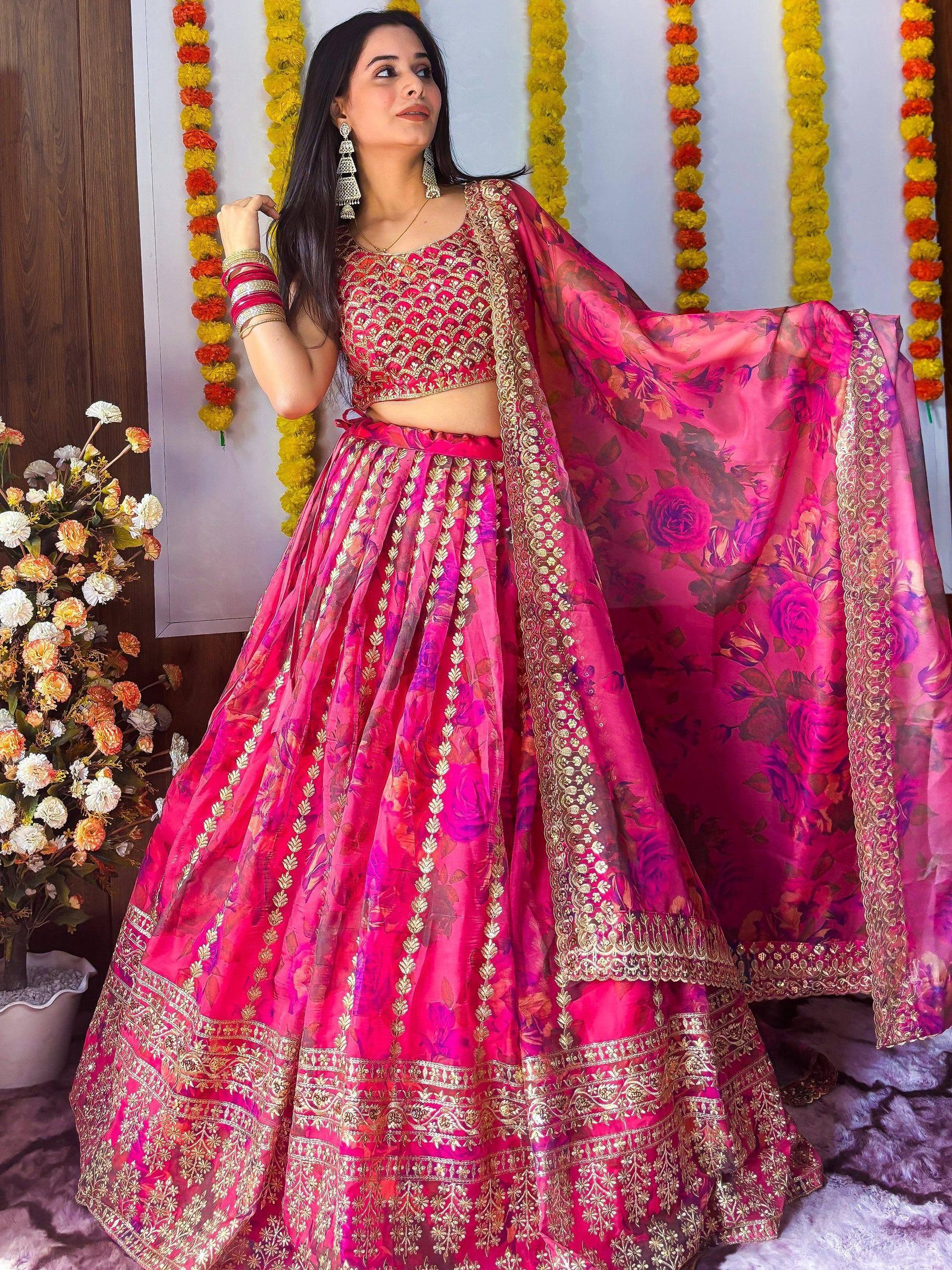 Tulsi Art Stunning Pink Floral Printed Organza Bridesmaid Lehenga Choli | Grocsy
