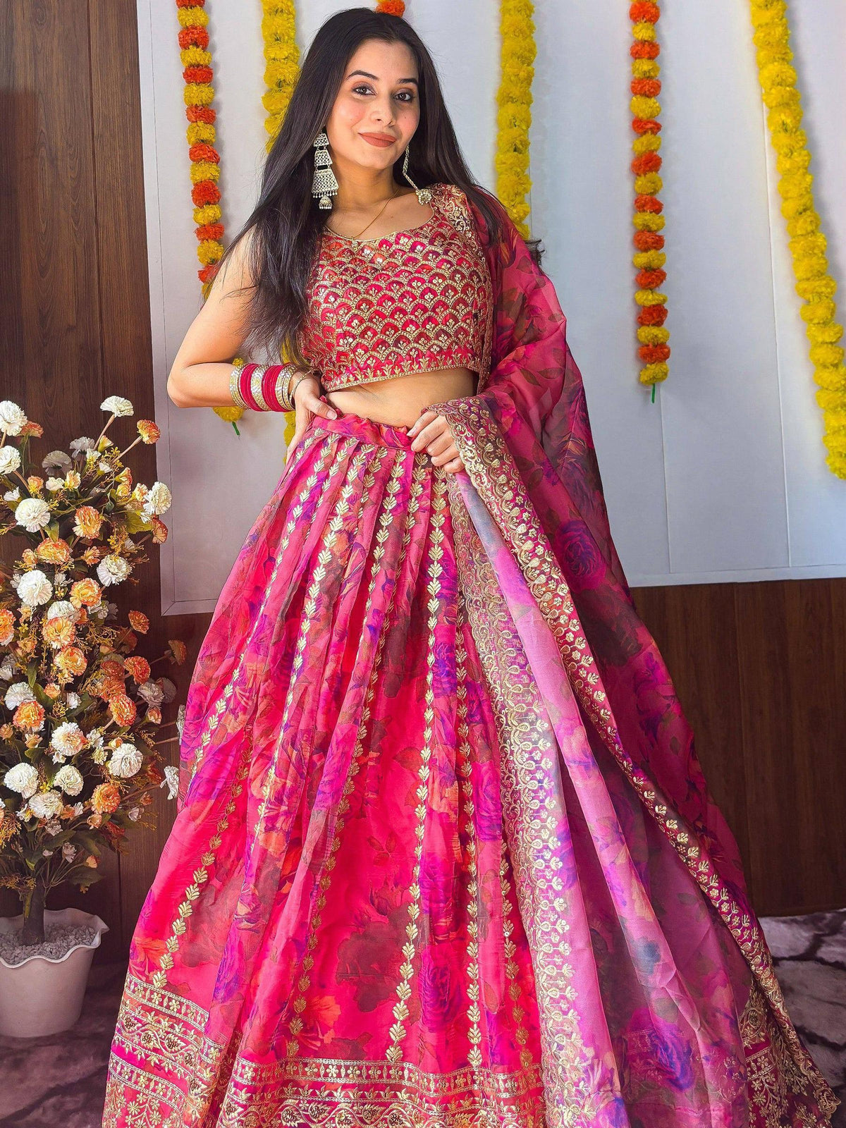 Tulsi Art Stunning Pink Floral Printed Organza Bridesmaid Lehenga Choli | Grocsy