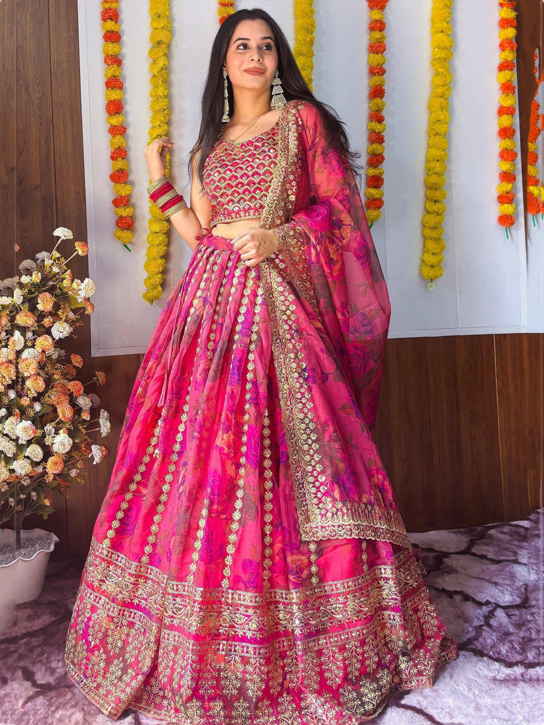 Tulsi Art Stunning Pink Floral Printed Organza Bridesmaid Lehenga Choli | Grocsy