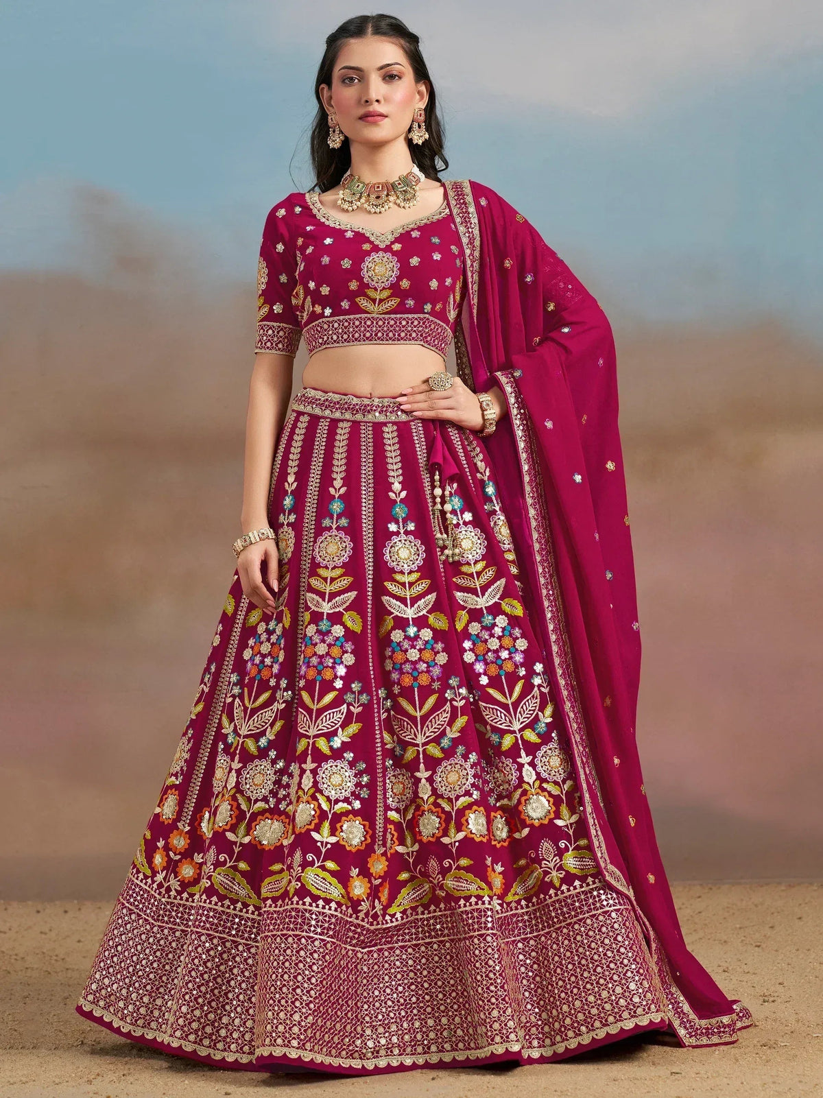 Tulsi Art Stunning Pink Thread Work Georgette Engagement Wear Lehenga With Blouse | Grocsy