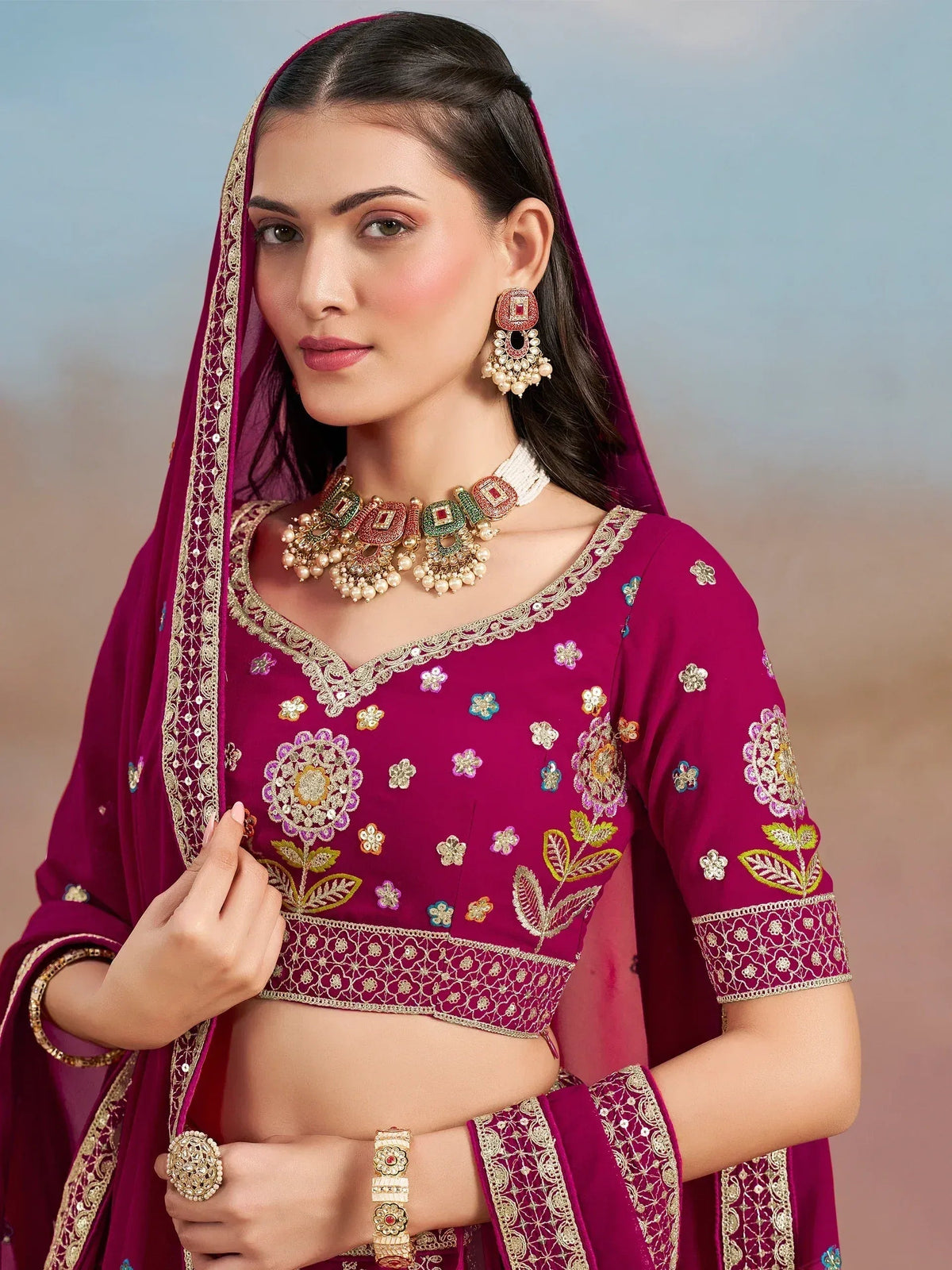 Tulsi Art Stunning Pink Thread Work Georgette Engagement Wear Lehenga With Blouse | Grocsy