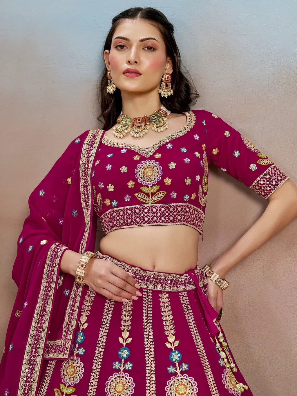 Tulsi Art Stunning Pink Thread Work Georgette Engagement Wear Lehenga With Blouse | Grocsy
