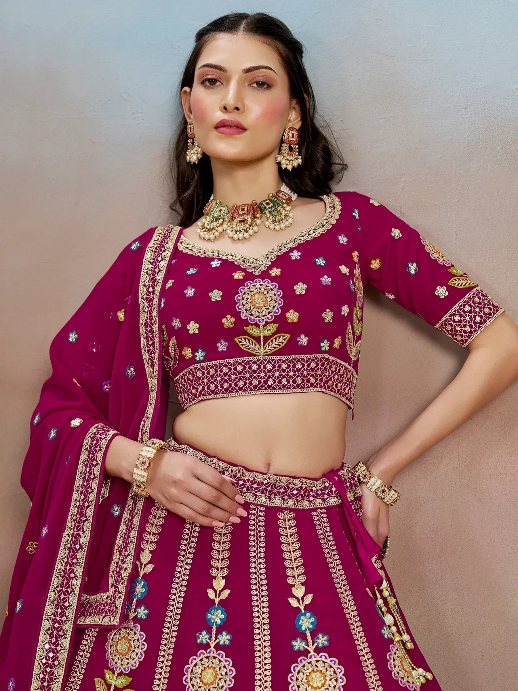 Tulsi Art Stunning Pink Thread Work Georgette Engagement Wear Lehenga With Blouse | Grocsy