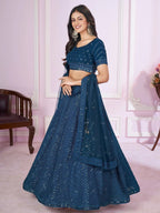 Tulsi Art Stunning Teal Blue Sequins Georgette Wedding Wear Lehenga Choli | Grocsy