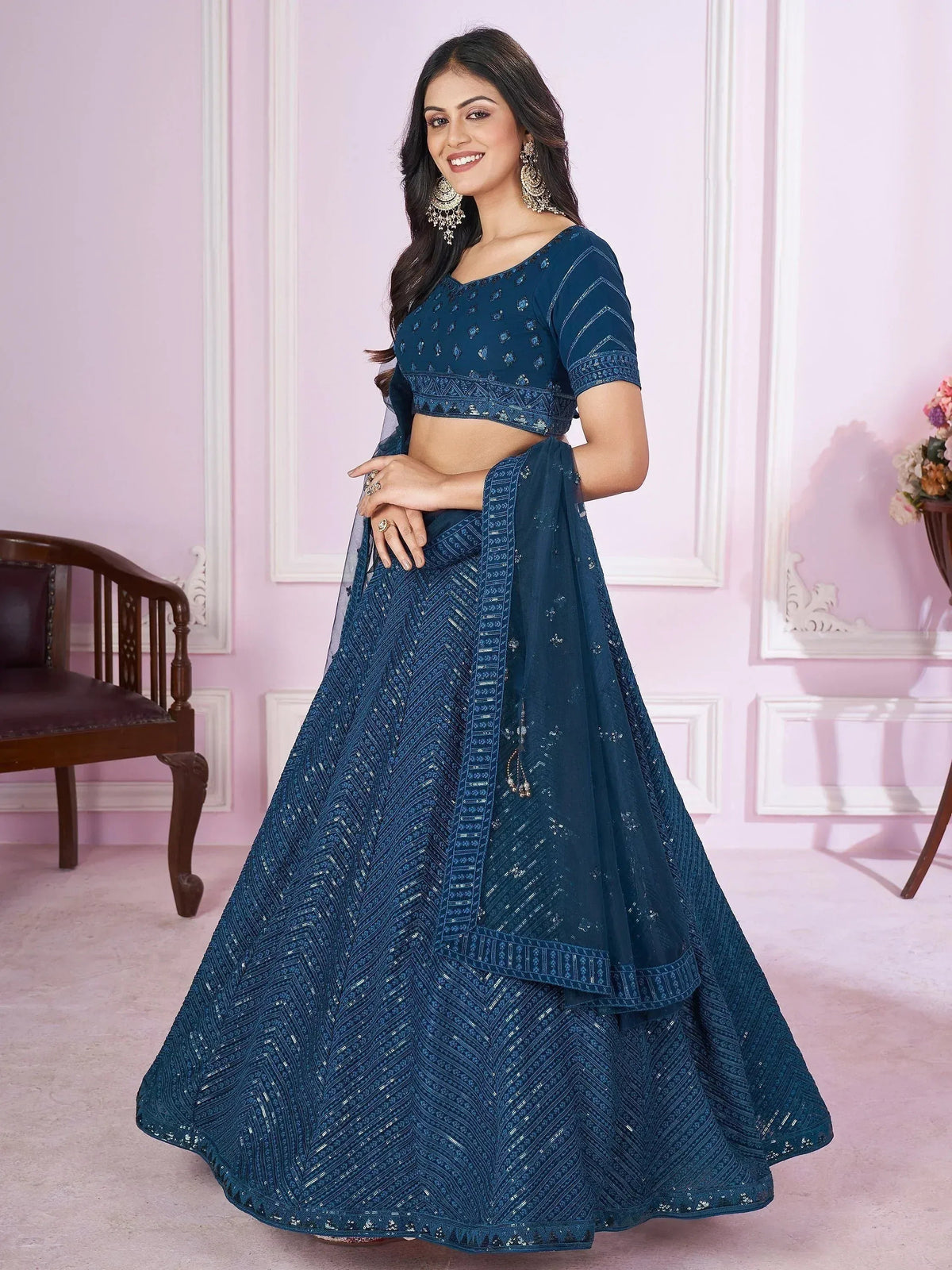 Tulsi Art Stunning Teal Blue Sequins Georgette Wedding Wear Lehenga Choli | Grocsy