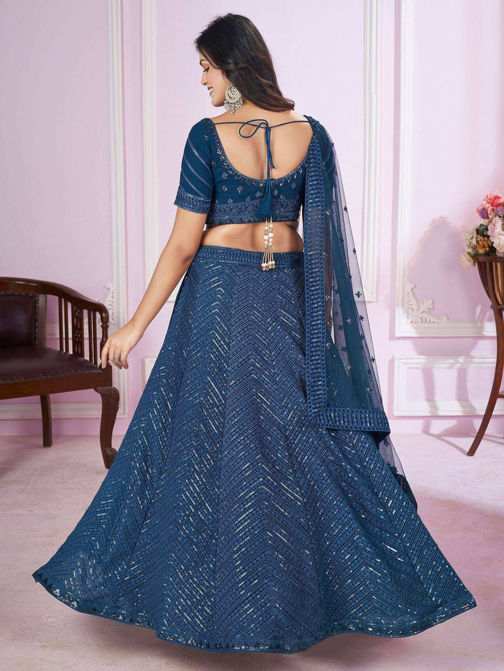 Tulsi Art Stunning Teal Blue Sequins Georgette Wedding Wear Lehenga Choli | Grocsy