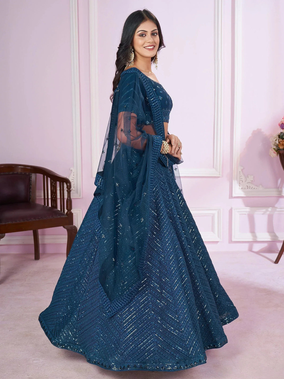 Tulsi Art Stunning Teal Blue Sequins Georgette Wedding Wear Lehenga Choli | Grocsy