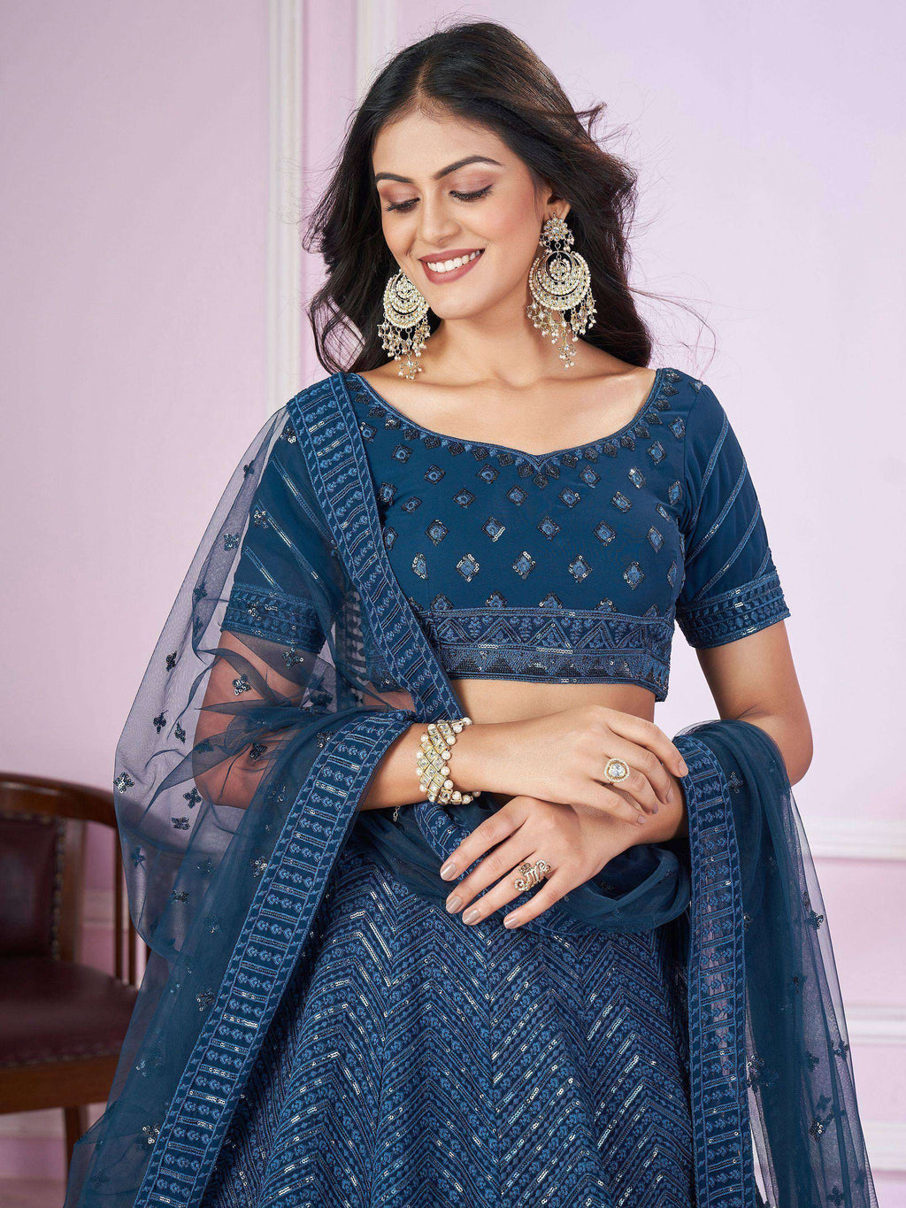 Tulsi Art Stunning Teal Blue Sequins Georgette Wedding Wear Lehenga Choli | Grocsy