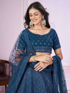 Tulsi Art Stunning Teal Blue Sequins Georgette Wedding Wear Lehenga Choli | Grocsy