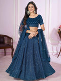Tulsi Art Stunning Teal Blue Sequins Georgette Wedding Wear Lehenga Choli | Grocsy