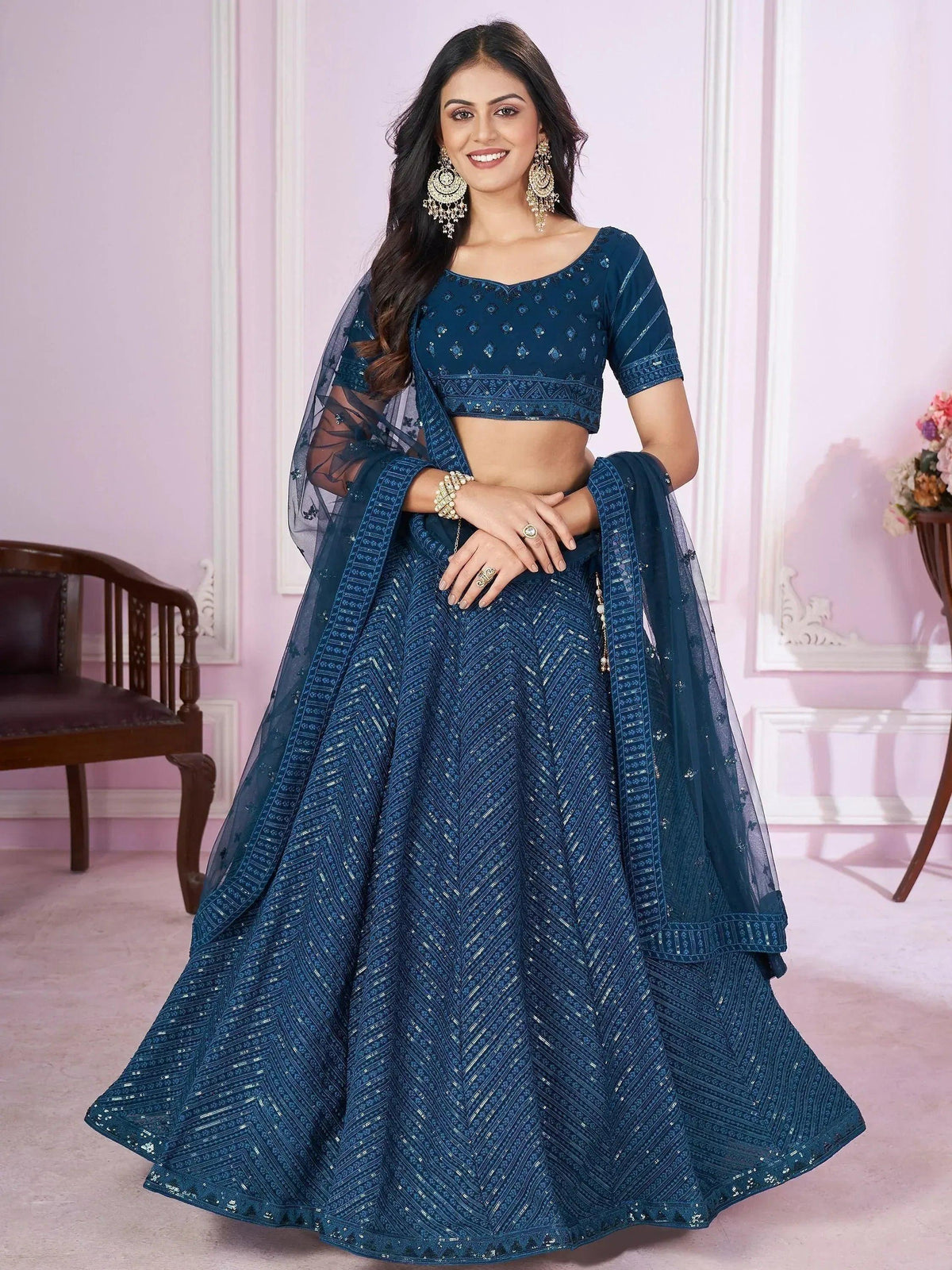 Tulsi Art Stunning Teal Blue Sequins Georgette Wedding Wear Lehenga Choli | Grocsy