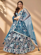 Tulsi Art Stunning Teal Blue Sequins Net Designer Lehenga Choli With Dupatta | Grocsy